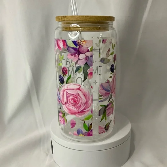 16 Ounce Handmade Clear Glass Can Cup, W/Lid & Straw, Mama Floral - Picture 5 of 13
